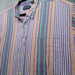 Vintage Lands End Shirt Men's XXL Purple Orange Stripe Seersucker Short Sleeve